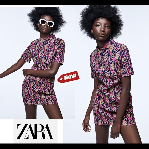 Zara pink printed multicoloured high collar short sleeve mini dress size S NWT - Picture 10 of 10